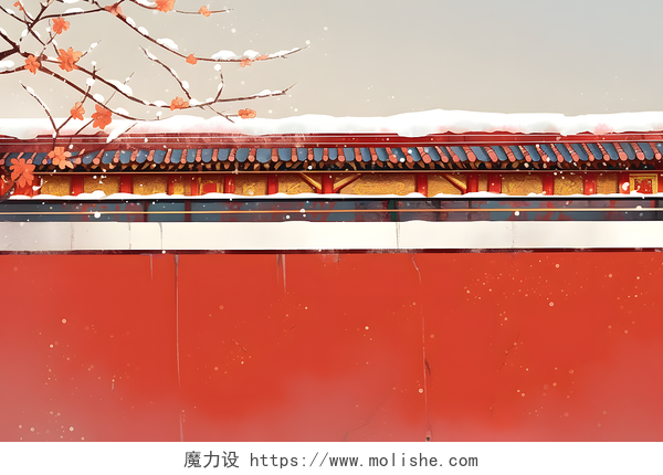 卡通冬季梅花树枝从红色城墙露出AI插画
